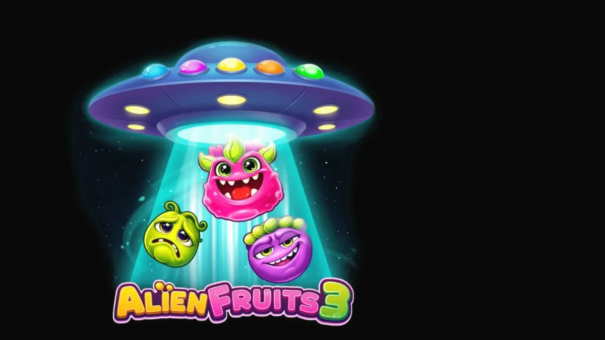 Interface vibrante do jogo Alien Fruits 3 com símbolos neon e aliens