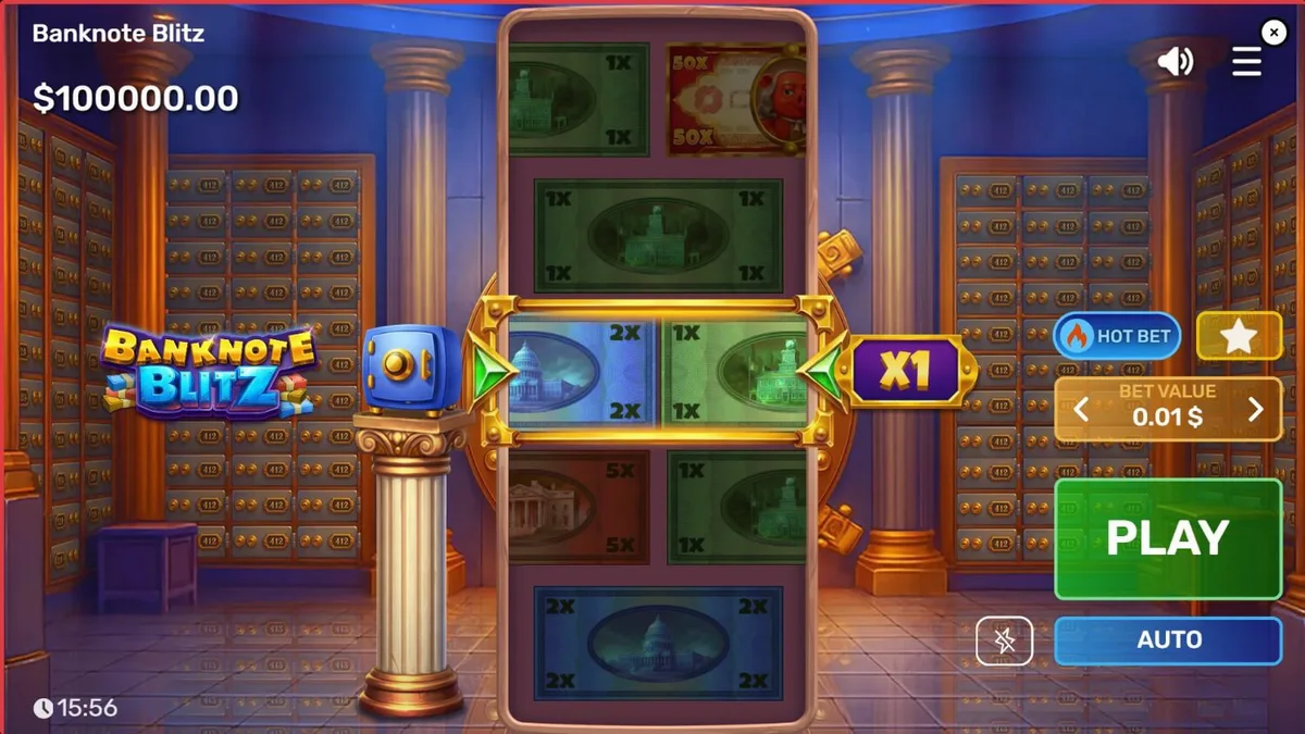 Interface do slot Banknote Blitz com cofre e notas de dinheiro