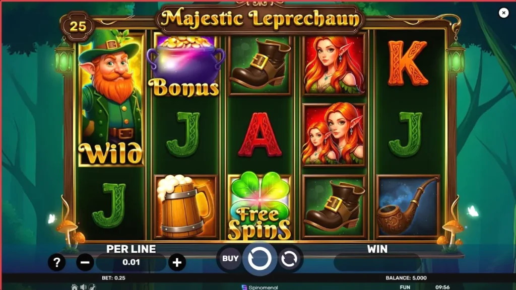 Cenário vibrante e mágico do slot Majestic Leprechaun com elementos da cultura irlandesa