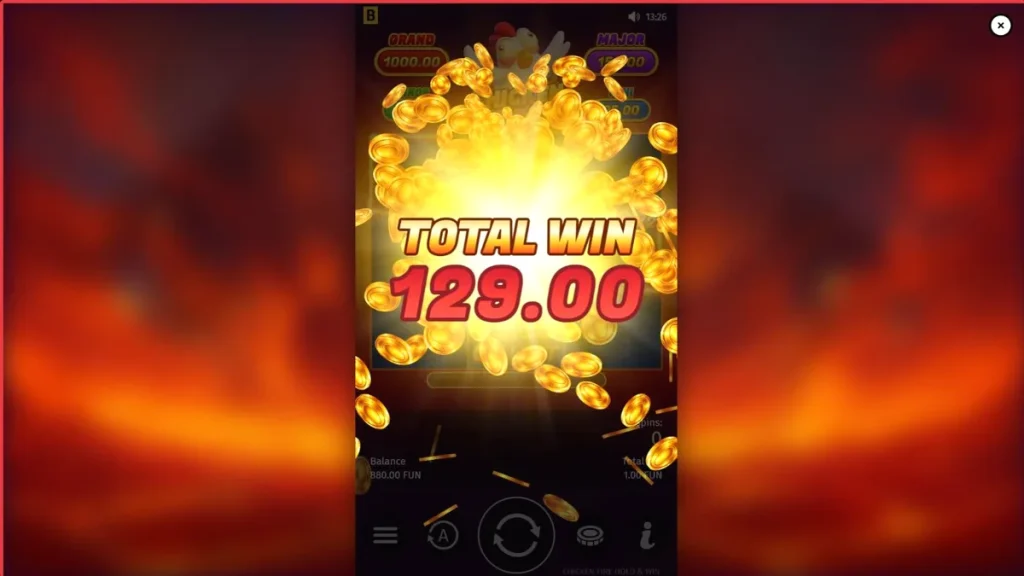 Interface vibrante do slot Chicken Fire com símbolos de frutas e galinhas animadas