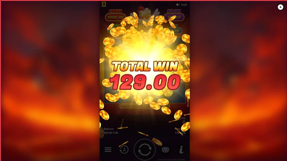 Interface vibrante do slot Chicken Fire com símbolos de frutas e galinhas animadas