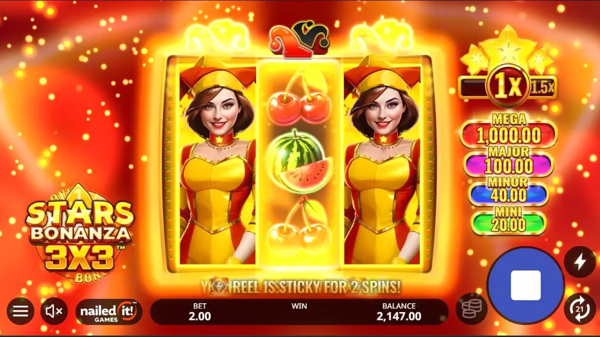 Interface vibrante do slot Stars Bonanza 3x3 com elementos cósmicos e frutas