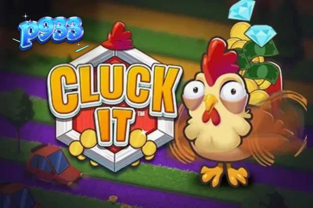 Uma galinha animada atravessando uma fazenda colorida no jogo Cluck It